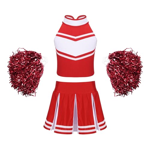 HWJFDC Cheerleader Kostüm Kinder Mädchen Cheerleading Outfit Ärmelloses Cheerleader Kostüm mit Blumenbällen Set for Bühnenauftritt Cospaly Dancewear(Red,8) von HWJFDC