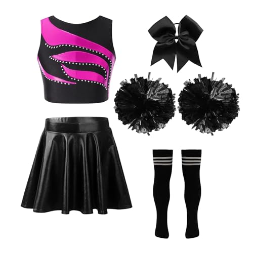 HWJFDC Cheerleader Kostüm Kinder Mädchen Cheerleading Outfits Cheerleader Uniform Ärmelloses Patchwork Crop Top Metallic Rock Kopfbedeckung Hand Blumen Socken(A Hot Pink Black,12) von HWJFDC