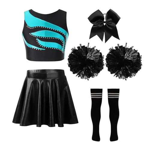 HWJFDC Cheerleader Kostüm Kinder Mädchen Cheerleading Outfits Cheerleader Uniform Ärmelloses Patchwork Crop Top Metallic Rock Kopfbedeckung Hand Blumen Socken(A Lake Green Black,10) von HWJFDC