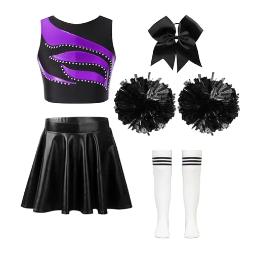 HWJFDC Cheerleader Kostüm Kinder Mädchen Cheerleading Outfits Cheerleader Uniform Ärmelloses Patchwork Crop Top Metallic Rock Kopfbedeckung Hand Blumen Socken(A Purple White,14) von HWJFDC