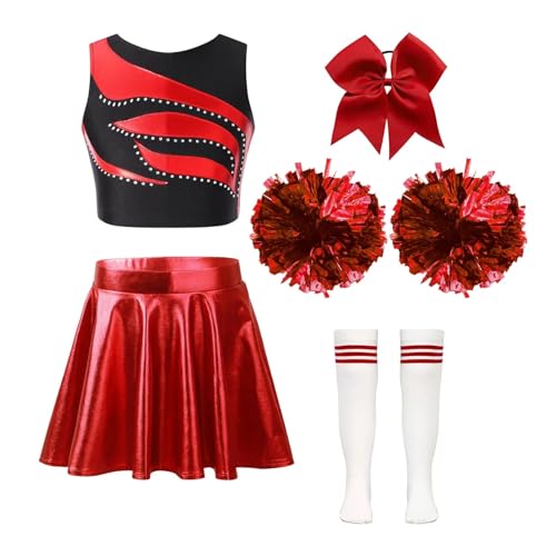 HWJFDC Cheerleader Kostüm Kinder Mädchen Cheerleading Outfits Cheerleader Uniform Ärmelloses Patchwork Crop Top Metallic Rock Kopfbedeckung Hand Blumen Socken(A Red,10) von HWJFDC