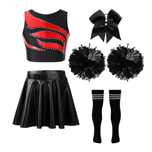 HWJFDC Cheerleader Kostüm Kinder Mädchen Cheerleading Outfits Cheerleader Uniform Ärmelloses Patchwork Crop Top Metallic Rock Kopfbedeckung Hand Blumen Socken(A Red Black,8) von HWJFDC