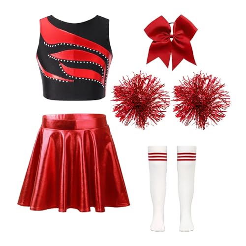 HWJFDC Cheerleader Kostüm Kinder Mädchen Cheerleading Outfits Cheerleader Uniform Ärmelloses Patchwork Crop Top Metallic Rock Kopfbedeckung Hand Blumen Socken(B Red White,8) von HWJFDC