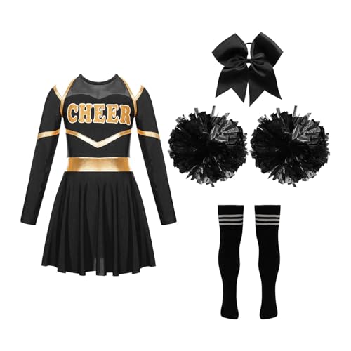 HWJFDC Cheerleader Kostüm Kinder Mädchen Cheerleading Uniform Kleid Mit Blumen Bälle Sets Cheerleader Kostüme Kinder Jubeln Team Dance Outfits Dancewear(A Black White,10) von HWJFDC