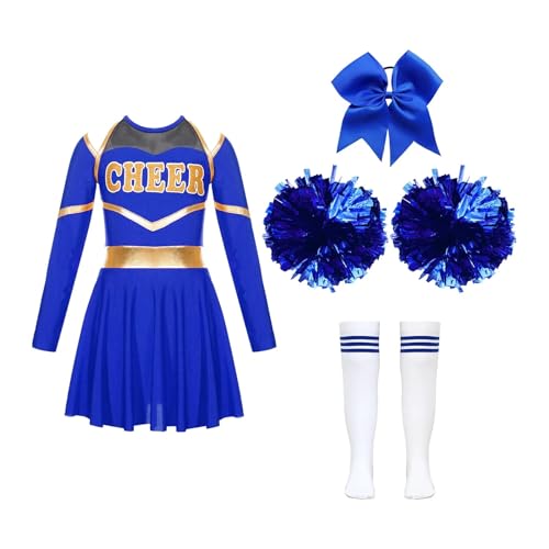 HWJFDC Cheerleader Kostüm Kinder Mädchen Cheerleading Uniform Kleid Mit Blumen Bälle Sets Cheerleader Kostüme Kinder Jubeln Team Dance Outfits Dancewear(A Blue,10) von HWJFDC