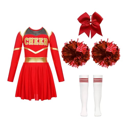 HWJFDC Cheerleader Kostüm Kinder Mädchen Cheerleading Uniform Kleid Mit Blumen Bälle Sets Cheerleader Kostüme Kinder Jubeln Team Dance Outfits Dancewear(A Red,6) von HWJFDC