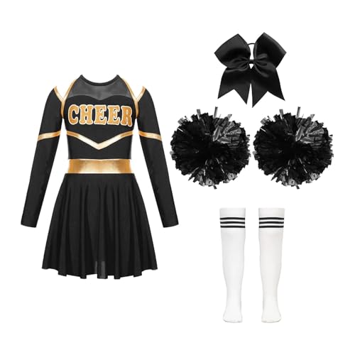 HWJFDC Cheerleader Kostüm Kinder Mädchen Cheerleading Uniform Kleid Mit Blumen Bälle Sets Cheerleader Kostüme Kinder Jubeln Team Dance Outfits Dancewear(A White Black,10) von HWJFDC