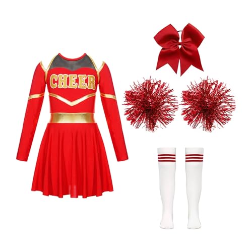 HWJFDC Cheerleader Kostüm Kinder Mädchen Cheerleading Uniform Kleid Mit Blumen Bälle Sets Cheerleader Kostüme Kinder Jubeln Team Dance Outfits Dancewear(B Red,10) von HWJFDC