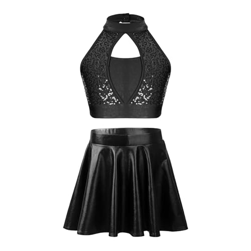 HWJFDC Cheerleader Kostüm Kinder Mädchen Cheerleading Uniform Outfits Zweiteilige Sets Pailletten ärmelloses Crop Top mit Metallic Rock Kinder Jazz Dance Kostüm(Black,6) von HWJFDC