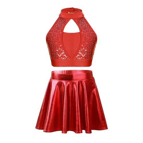 HWJFDC Cheerleader Kostüm Kinder Mädchen Cheerleading Uniform Outfits Zweiteilige Sets Pailletten ärmelloses Crop Top mit Metallic Rock Kinder Jazz Dance Kostüm(Red,10) von HWJFDC