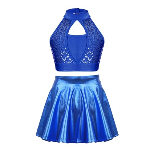 HWJFDC Cheerleader Kostüm Kinder Mädchen Cheerleading Uniform Outfits Zweiteilige Sets Pailletten ärmelloses Crop Top mit Metallic Rock Kinder Jazz Dance Kostüm(Royal Blue,10) von HWJFDC