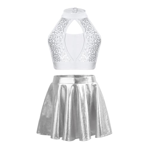 HWJFDC Cheerleader Kostüm Kinder Mädchen Cheerleading Uniform Outfits Zweiteilige Sets Pailletten ärmelloses Crop Top mit Metallic Rock Kinder Jazz Dance Kostüm(White,14) von HWJFDC