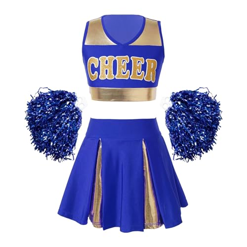 HWJFDC Cheerleader Kostüm Kinder Mädchen Cheerleading Uniform Set Patchwork Tanz Crop Top Rock und Blumenbälle for Tanzwettbewerb Cheerleader Kostüm(Blue,8) von HWJFDC