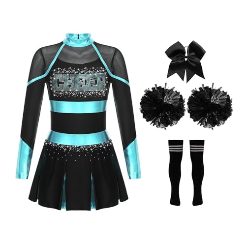 HWJFDC Cheerleader Kostüm Kinder Mädchen Cheerleading Uniformen Schule Cheer Dance Outfit Cheerleader Kostüm Kinder Cheerleader Uniformen mit glitzernden Strasssteinen(Blue Green Black,10) von HWJFDC