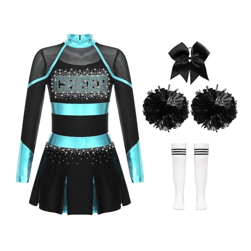 HWJFDC Cheerleader Kostüm Kinder Mädchen Cheerleading Uniformen Schule Cheer Dance Outfit Cheerleader Kostüm Kinder Cheerleader Uniformen mit glitzernden Strasssteinen(Blue Green White,6) von HWJFDC