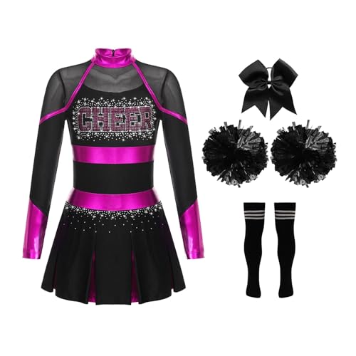 HWJFDC Cheerleader Kostüm Kinder Mädchen Cheerleading Uniformen Schule Cheer Dance Outfit Cheerleader Kostüm Kinder Cheerleader Uniformen mit glitzernden Strasssteinen(Hot Pink Black,10) von HWJFDC