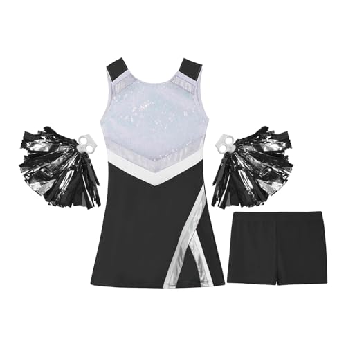 HWJFDC Cheerleader Kostüm Kinder Mädchen Cosplay Cheerleader Kostüme Cheerleading Uniformen Sportkleid + Blumenball Set for Tanzwettbewerb Tanzbekleidung(Black,10) von HWJFDC