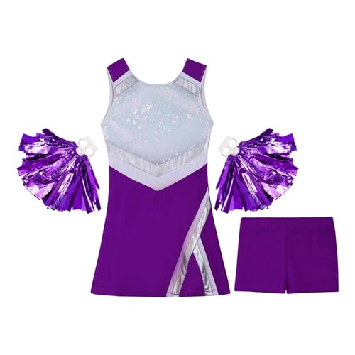 HWJFDC Cheerleader Kostüm Kinder Mädchen Cosplay Cheerleader Kostüme Cheerleading Uniformen Sportkleid + Blumenball Set for Tanzwettbewerb Tanzbekleidung(Purple,6) von HWJFDC