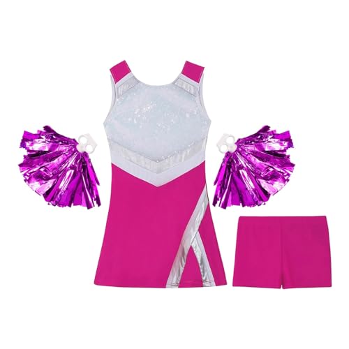 HWJFDC Cheerleader Kostüm Kinder Mädchen Cosplay Cheerleader Kostüme Cheerleading Uniformen Sportkleid + Blumenball Set for Tanzwettbewerb Tanzbekleidung(Rose,6) von HWJFDC