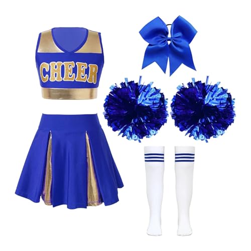 HWJFDC Cheerleader Kostüm Kinder Schule Mädchen Cheerleader Uniformen Ärmelloses Crop Top Rock Socken Kleidung Sets for Kinder Cheerleading Tanz Outfits(A Blue,10) von HWJFDC