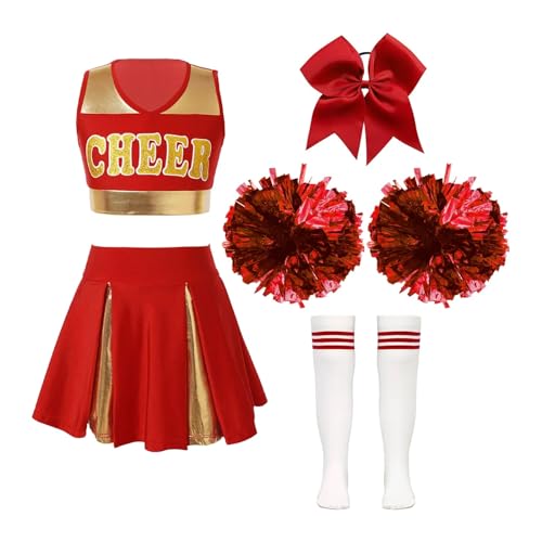 HWJFDC Cheerleader Kostüm Kinder Schule Mädchen Cheerleader Uniformen Ärmelloses Crop Top Rock Socken Kleidung Sets for Kinder Cheerleading Tanz Outfits(A Red,14) von HWJFDC