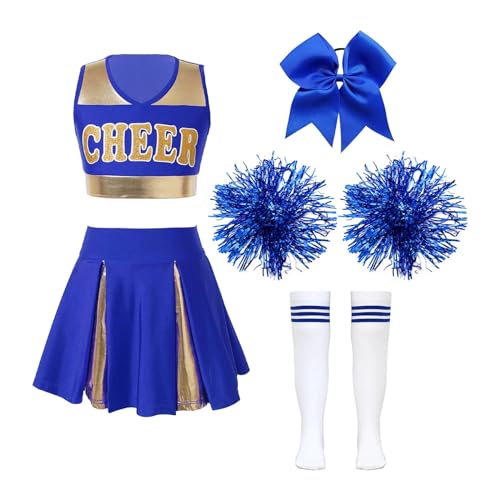 HWJFDC Cheerleader Kostüm Kinder Schule Mädchen Cheerleader Uniformen Ärmelloses Crop Top Rock Socken Kleidung Sets for Kinder Cheerleading Tanz Outfits(B Blue,16) von HWJFDC