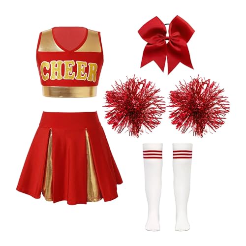 HWJFDC Cheerleader Kostüm Kinder Schule Mädchen Cheerleader Uniformen Ärmelloses Crop Top Rock Socken Kleidung Sets for Kinder Cheerleading Tanz Outfits(B Red,12) von HWJFDC