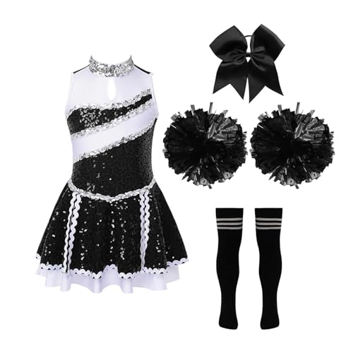 HWJFDC Cheerleader Kostüm Kinder Schule Mädchen Cheerleader Uniformen Kinder Cheerleading Tanz Outfits Kostüm Crop Top Rock Socken Kleidung Sets Dancewear(A Black White,12) von HWJFDC