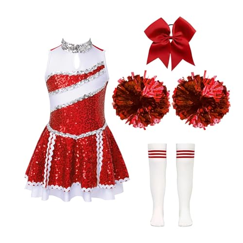 HWJFDC Cheerleader Kostüm Kinder Schule Mädchen Cheerleader Uniformen Kinder Cheerleading Tanz Outfits Kostüm Crop Top Rock Socken Kleidung Sets Dancewear(A Red,10) von HWJFDC