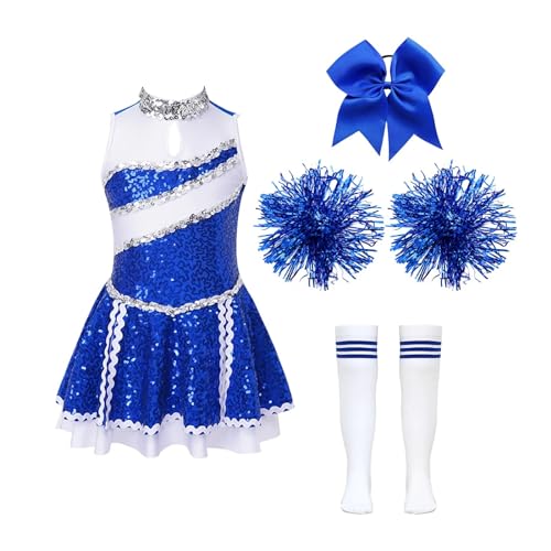 HWJFDC Cheerleader Kostüm Kinder Schule Mädchen Cheerleader Uniformen Kinder Cheerleading Tanz Outfits Kostüm Crop Top Rock Socken Kleidung Sets Dancewear(B Blue,14) von HWJFDC