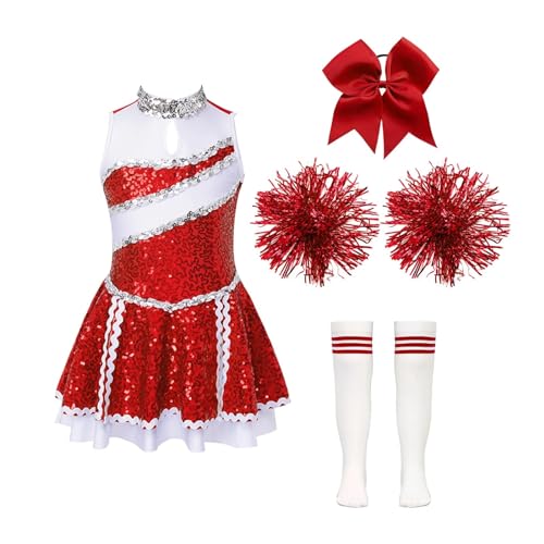 HWJFDC Cheerleader Kostüm Kinder Schule Mädchen Cheerleader Uniformen Kinder Cheerleading Tanz Outfits Kostüm Crop Top Rock Socken Kleidung Sets Dancewear(B Red,8) von HWJFDC