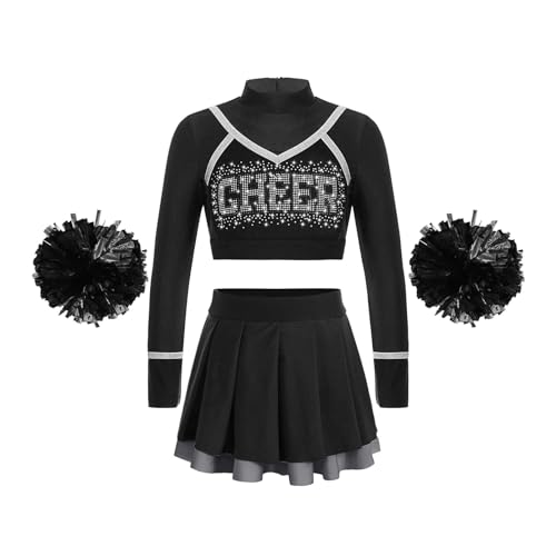 HWJFDC Cheerleader Kostüm Kinder Schule Mädchen Cheerleading Uniform Tanz Outfit Crop Top Blumen Bälle Cheerleader Kostüm for Kinder Jubeln Team Tragen(A Black,10) von HWJFDC