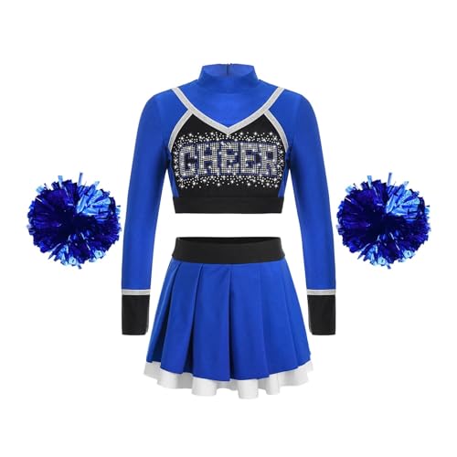 HWJFDC Cheerleader Kostüm Kinder Schule Mädchen Cheerleading Uniform Tanz Outfit Crop Top Blumen Bälle Cheerleader Kostüm for Kinder Jubeln Team Tragen(A Blue,10) von HWJFDC