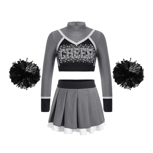 HWJFDC Cheerleader Kostüm Kinder Schule Mädchen Cheerleading Uniform Tanz Outfit Crop Top Blumen Bälle Cheerleader Kostüm for Kinder Jubeln Team Tragen(A Gray,10) von HWJFDC