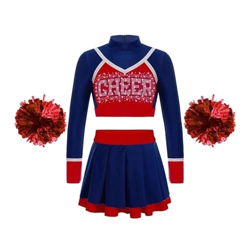 HWJFDC Cheerleader Kostüm Kinder Schule Mädchen Cheerleading Uniform Tanz Outfit Crop Top Blumen Bälle Cheerleader Kostüm for Kinder Jubeln Team Tragen(A Navy Blue,10) von HWJFDC