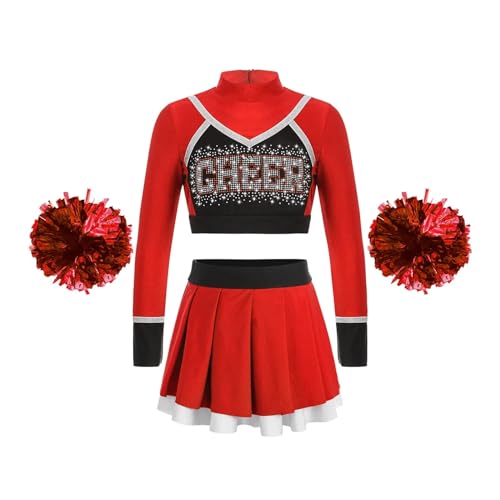 HWJFDC Cheerleader Kostüm Kinder Schule Mädchen Cheerleading Uniform Tanz Outfit Crop Top Blumen Bälle Cheerleader Kostüm for Kinder Jubeln Team Tragen(A Red,10) von HWJFDC