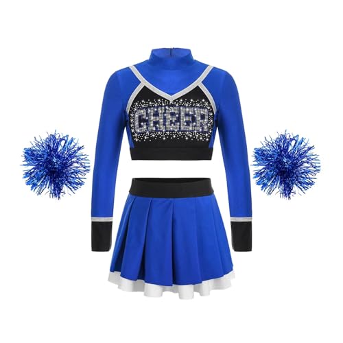 HWJFDC Cheerleader Kostüm Kinder Schule Mädchen Cheerleading Uniform Tanz Outfit Crop Top Blumen Bälle Cheerleader Kostüm for Kinder Jubeln Team Tragen(B Blue,10) von HWJFDC