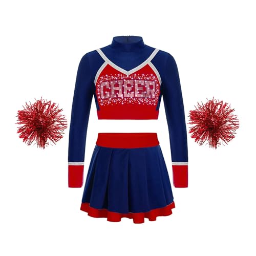 HWJFDC Cheerleader Kostüm Kinder Schule Mädchen Cheerleading Uniform Tanz Outfit Crop Top Blumen Bälle Cheerleader Kostüm for Kinder Jubeln Team Tragen(B Deep Blue,10) von HWJFDC