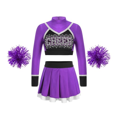 HWJFDC Cheerleader Kostüm Kinder Schule Mädchen Cheerleading Uniform Tanz Outfit Crop Top Blumen Bälle Cheerleader Kostüm for Kinder Jubeln Team Tragen(B Purple,10) von HWJFDC