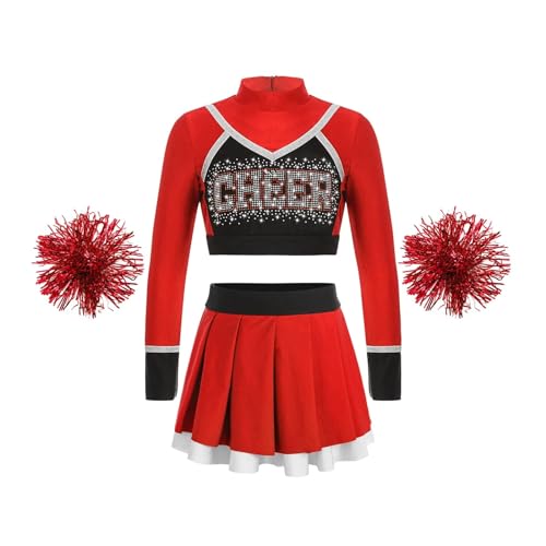 HWJFDC Cheerleader Kostüm Kinder Schule Mädchen Cheerleading Uniform Tanz Outfit Crop Top Blumen Bälle Cheerleader Kostüm for Kinder Jubeln Team Tragen(B Red,10) von HWJFDC