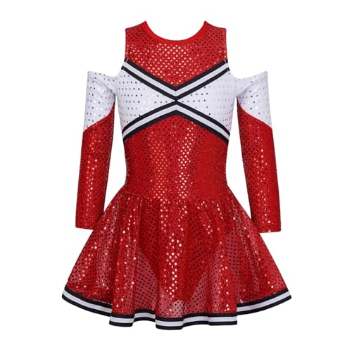 HWJFDC Cheerleader Kostüm Kinder Schulmädchen Cheerleader Uniform Kleid Langarm Glänzende Pailletten Cheer Dance Kleidung Mädchen Cheerleading Kostüm Teamwear(Red,16) von HWJFDC