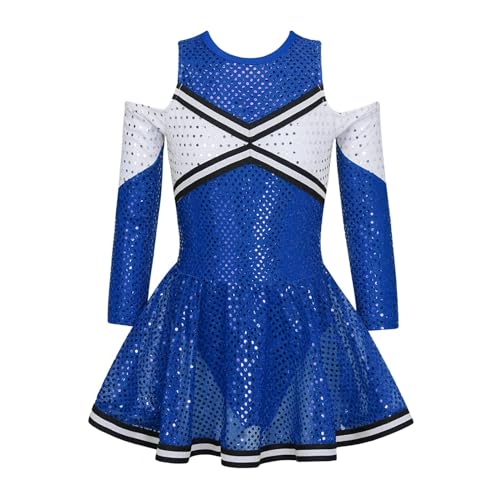 HWJFDC Cheerleader Kostüm Kinder Schulmädchen Cheerleader Uniform Kleid Langarm Glänzende Pailletten Cheer Dance Kleidung Mädchen Cheerleading Kostüm Teamwear(Royal Blue,10) von HWJFDC