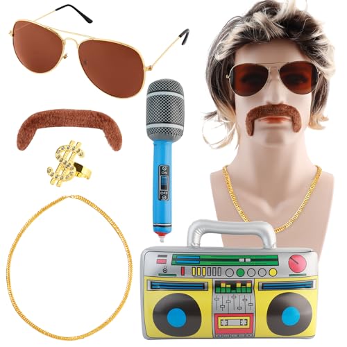 HWMYTOP Zuhälter Kostüm,70er 80er Jahre Outfit,Perücke+Herren Sonnenbrille+Halskette+Bart+Männer,Fasching Kostüme,Vokuhila Perücke,Rockstar Cosplay für Fasching Halloween Kostüm Party Accessoires von HWMYTOP