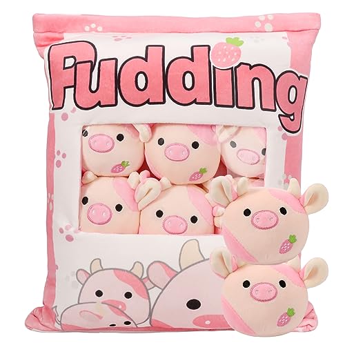 HXPLN Kuh Plüsch Kissen, abnehmbares Spielzeug, Pudding Kuh Kissen, Tasche mit Kuh Plüsch, niedliche Kuh Dekoration Geschenk für Jugendliche, Mädchen, Kinder (6 Erdbeerkuhen) von HXPLN