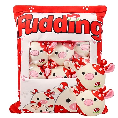 HXPLN Kuh Plüsch Kissen, abnehmbares Spielzeug, Pudding Kuh Kissen, Tasche mit Kuh Plüsch, niedliche Kuh Dekoration Geschenk für Jugendliche, Mädchen, Kinder (6 Pilzkühe) von HXPLN