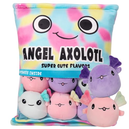 HXPLN Nettes Snack Plüsch Kissen, Axolotl Pudding Kissen, Abnehmbare Axolotl Kuscheltier, Spielzeug Tasche mit Axolotl Plüschtier, Axolotl Geschenke für Kinder (6 Bunt Axolotls) von HXPLN