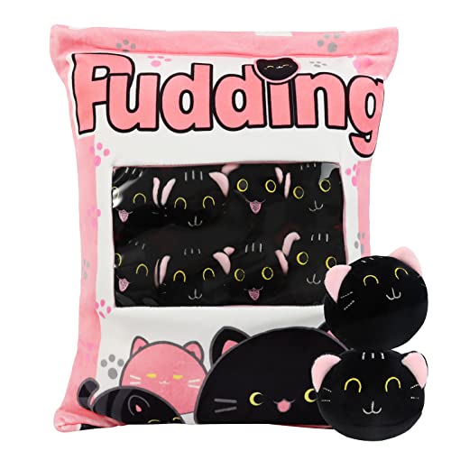 HXPLN Schwarze Katze Plüsch Kissen, abnehmbare Katze Plüsch Spielzeug, Pudding Katze Kissen, Tasche mit Katze Plüsch, niedliche Katze Dekoration Geschenk für Jugendliche, Kinder (8 rosa Kätzche) von HXPLN