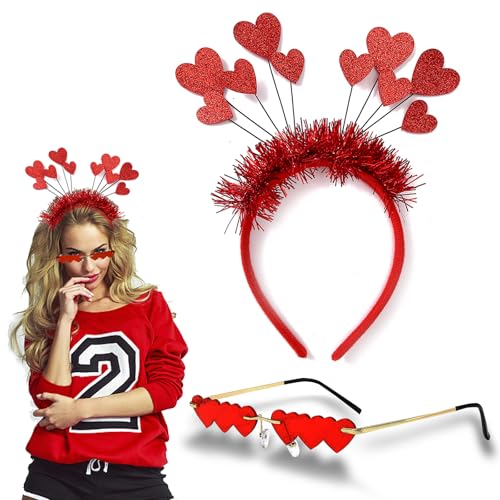 HXUING Herz Stirnband Glitzer mit Herz Form Brille, Herzherzige Haarreifen Herz Haarreif Rot Pailletten Herz Stirnband Partybrille Haarbänder, Haarschmuck für Valentinstag Hochzeit Karneval von HXUING