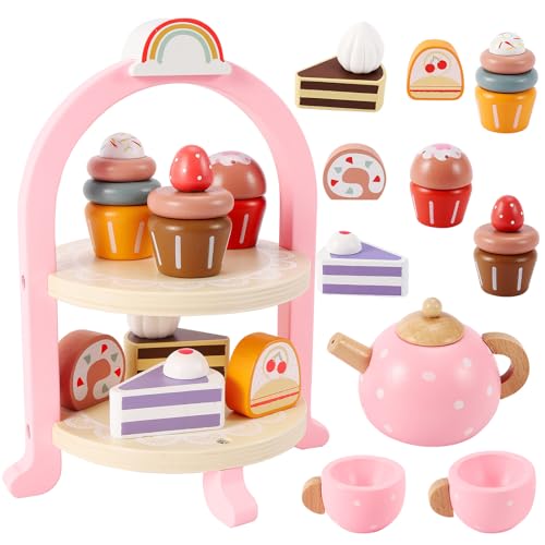 HYAKIDS Kinderküche Teeservice Kinder Holz, Tee Set Holzspielzeug Spielküche Zubehör, Teeparty Rollenspiel, Küchenzubehör Geschenk für Kinder Mädchen ab 3 Jahre von HYAKIDS