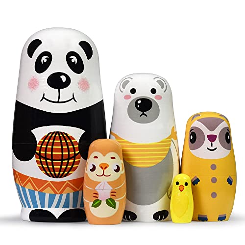 HYCLES Russische Matroschka für Kinder 5 Stück - Tiere Hunde Matroschka Holz Spielzeug ab 3 Jahre Geschenk Panda von HYCLES